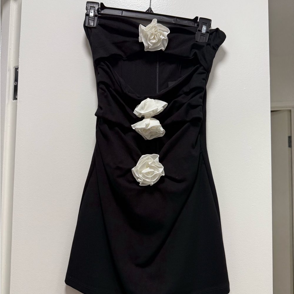 NBD Black Strapless Dress with White Floral Details